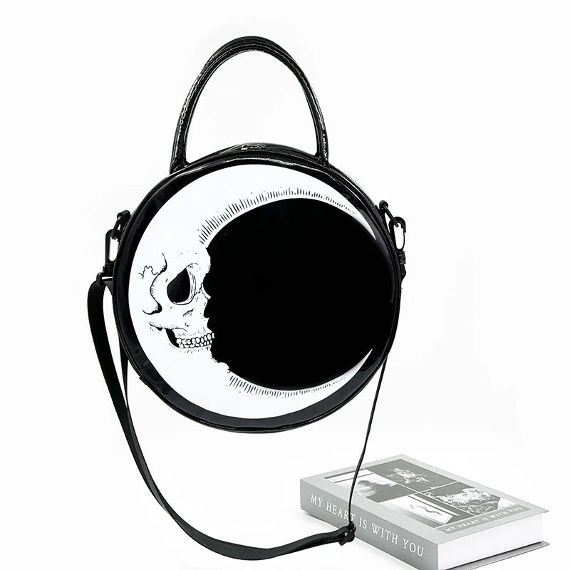 Girls Punk Dark Gothic Novel Shoulder Bag Skull Crossbody Bag, Moon Messenger Bag, Round Bag
