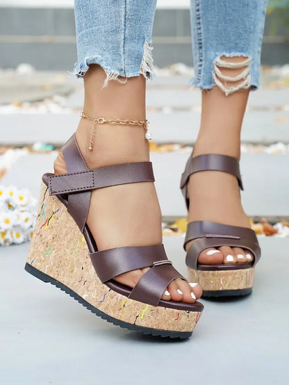 Women's Silver Chunky Platform Sandals 2026 Summer Cork Thick Sole Wedge Sandals Woman Plus Size 43 Pu Leather Casual Shoes