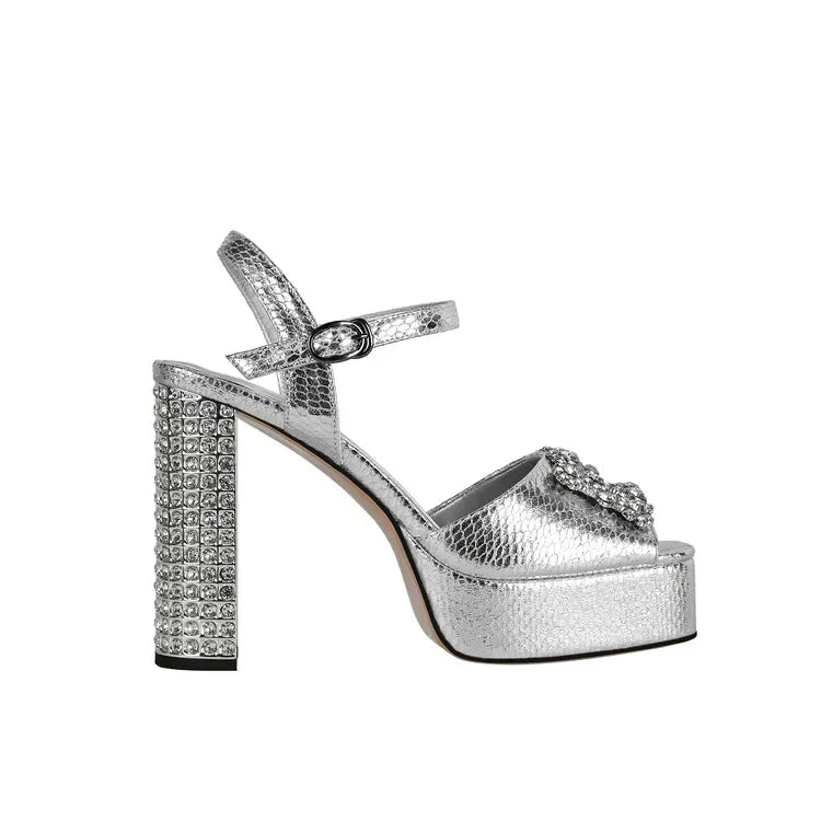 Square Headed Satin Banquet Sandals 2026 New Rhinestone Thick Heel High Heels 35-43 Leather Waterproof Platform Show Women Shoes