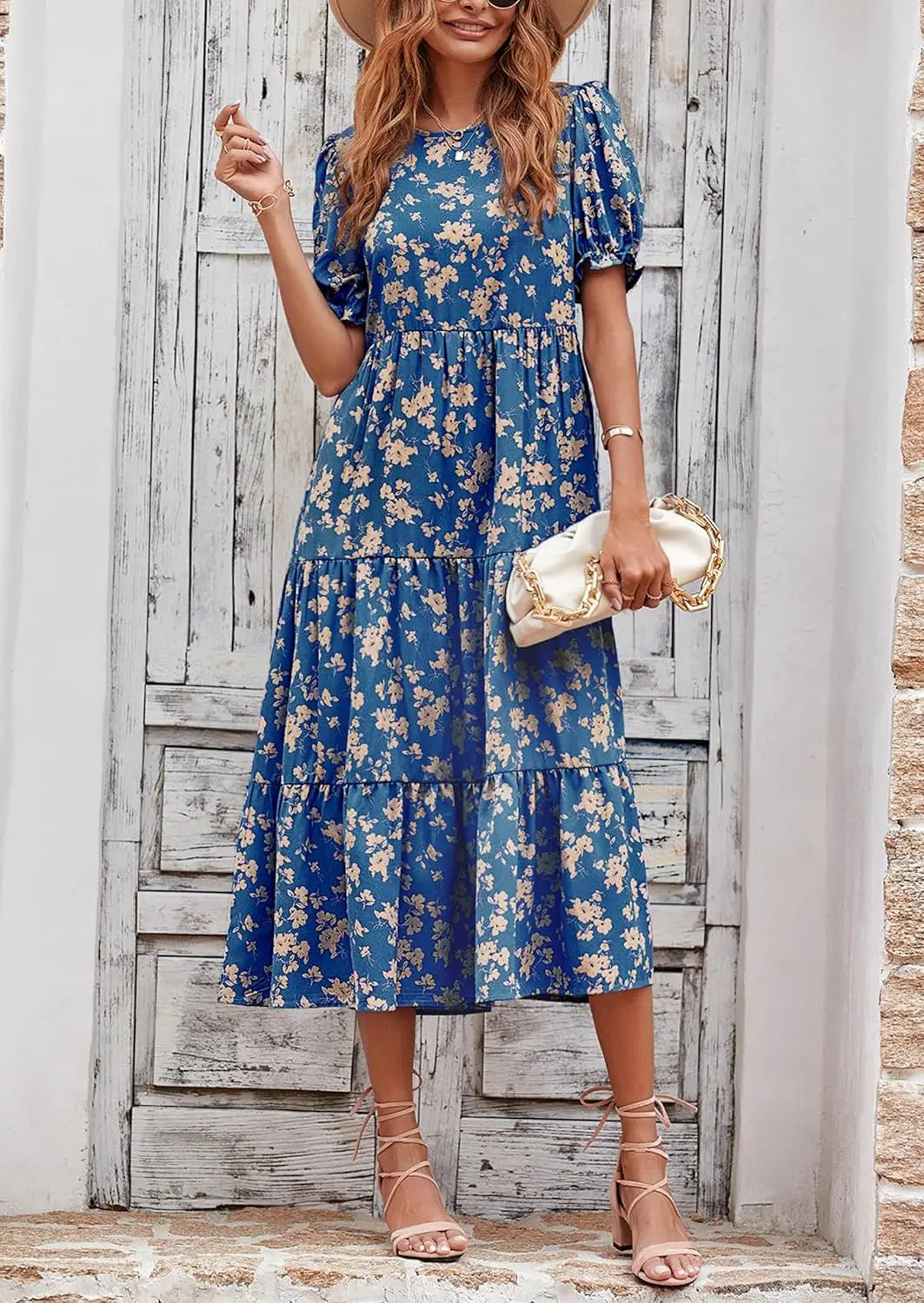Summer Dresses for Women 2026 Casual Floral Boho Midi Sun DrPuff Short Sleeve Flowy Beach Vacation Sundress