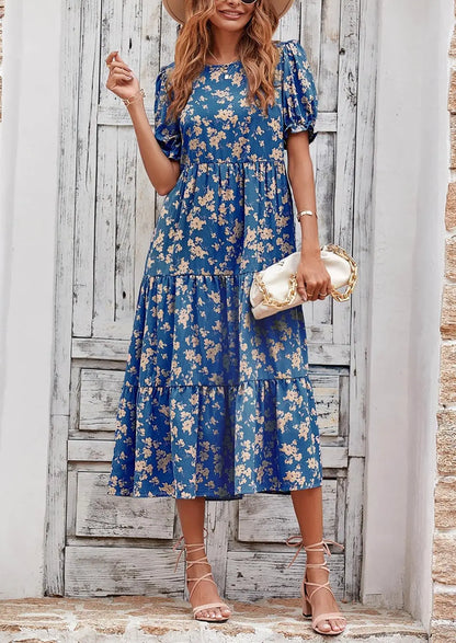 Summer Dresses for Women 2026 Casual Floral Boho Midi Sun DrPuff Short Sleeve Flowy Beach Vacation Sundress