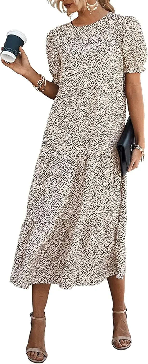 Summer Dresses for Women 2026 Casual Floral Boho Midi Sun DrPuff Short Sleeve Flowy Beach Vacation Sundress