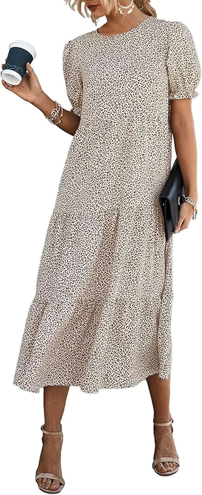 Summer Dresses for Women 2026 Casual Floral Boho Midi Sun DrPuff Short Sleeve Flowy Beach Vacation Sundress