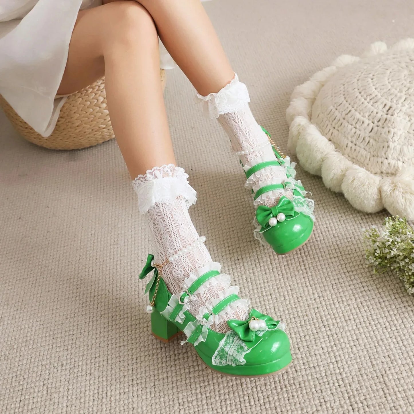 Cross Strap Women High Heels Mary Jane Pumps Party Wedding Cosplay White Pink Black Strawberry Bow Princess 2025 Lolita Shoes