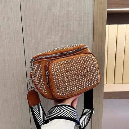 Fashion Shiny Women crossbody bags PU leather Wide strap Female Shoulder bags Ladies Waist Pack and Purses Saddle Chest Bags