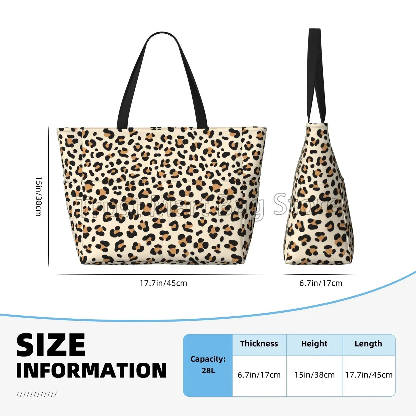 Leopard Print Large Waterproof Beach Bag for Women Sandproof Tote Bag Pool Bag with Zipper and Pockets for Travel Vacation Gym