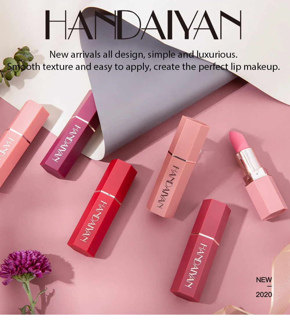 Moisturizing Matte Lipstick 6 Shades Long Lasting Non Transfer Nude Lip Gloss HANDAIYAN Cosmetics For Ladies