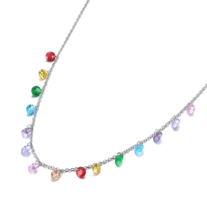 JeeMango Fashion Bohemia Stainless Steel Colorful CZ Crystal Choker Necklace Summer Beach Pendant Necklace For Women JN19125