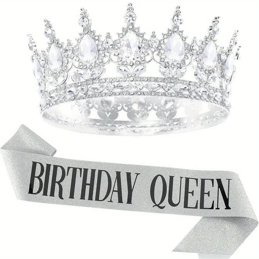 Bling Rhinestones Birthday Party Kit Tiara Crown Queen Sash Women Girl Happy Birthday Hair Accessories Prom Gifts Decorations