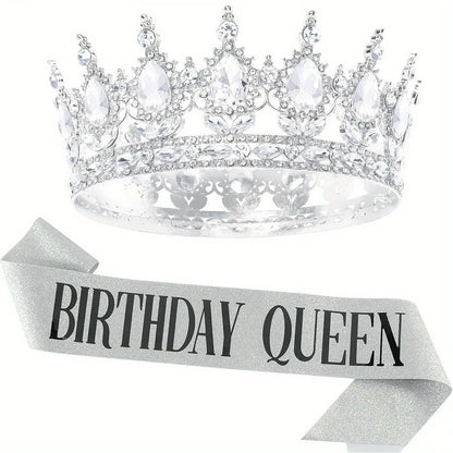 Bling Rhinestones Birthday Party Kit Tiara Crown Queen Sash Women Girl Happy Birthday Hair Accessories Prom Gifts Decorations