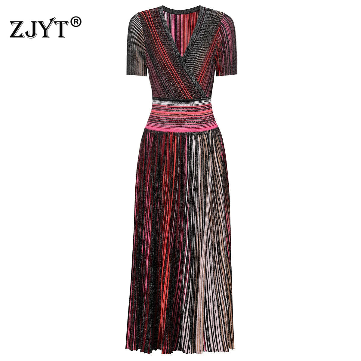 ZJYT Europe Fashion Summer Striped Pleated Knitted Dresses for Women Elegant V Neck Short Sleeve Midi Vintage Holiday Dress 2026