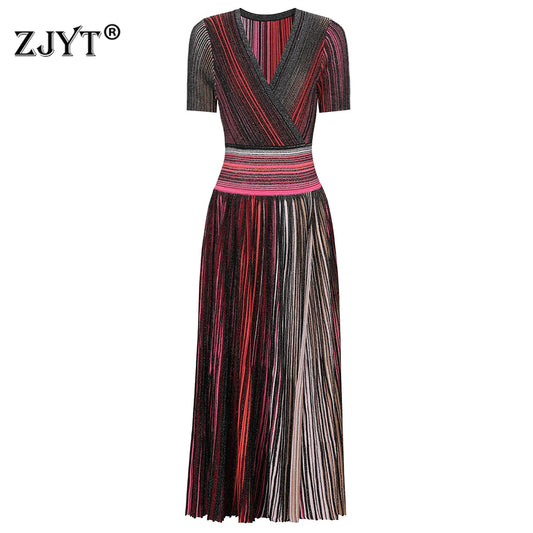 ZJYT Europe Fashion Summer Striped Pleated Knitted Dresses for Women Elegant V Neck Short Sleeve Midi Vintage Holiday Dress 2026