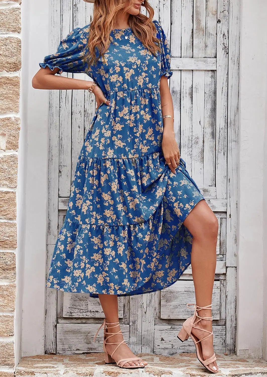 Summer Dresses for Women 2026 Casual Floral Boho Midi Sun DrPuff Short Sleeve Flowy Beach Vacation Sundress
