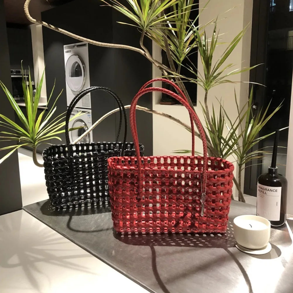Plastic Hollow Weave Bag Countryside Style Large Capacity Beach Tote Bag Bohemian Style Bucket Bag Woman PVC Handbag Girls