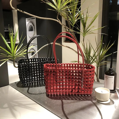 Plastic Hollow Weave Bag Countryside Style Large Capacity Beach Tote Bag Bohemian Style Bucket Bag Woman PVC Handbag Girls