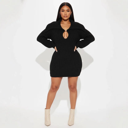 2025 New High Collar Elegant Commuter Big Collar Slim Fit Elastic Lantern Sleeve Woolen Dress
