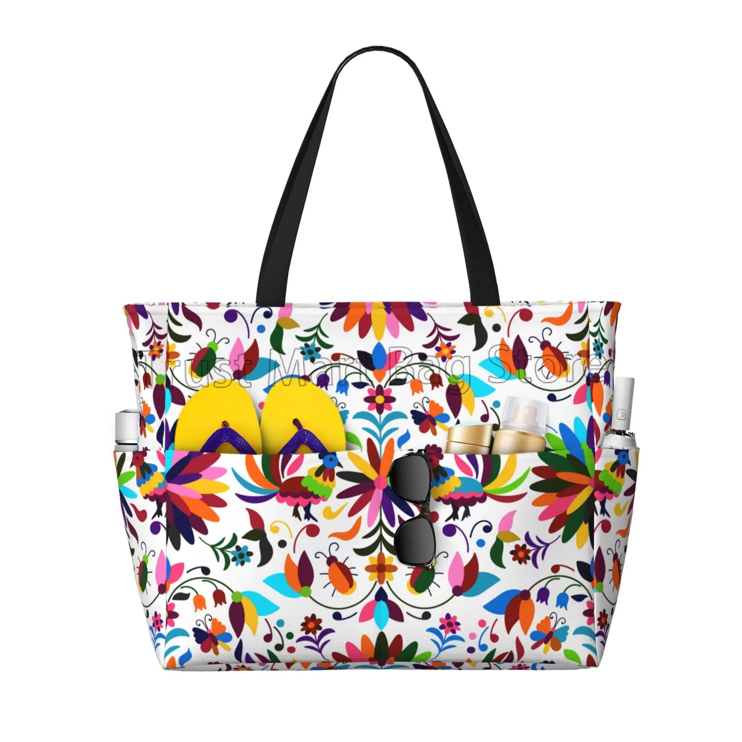 Mexican Flower Waterproof  Beach Tote Pool Bags for Women Ladies Extra Large Gym Tote Carry on Bag for Weekender Travel Swim