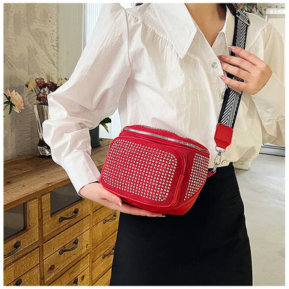 Fashion Shiny Women crossbody bags PU leather Wide strap Female Shoulder bags Ladies Waist Pack and Purses Saddle Chest Bags