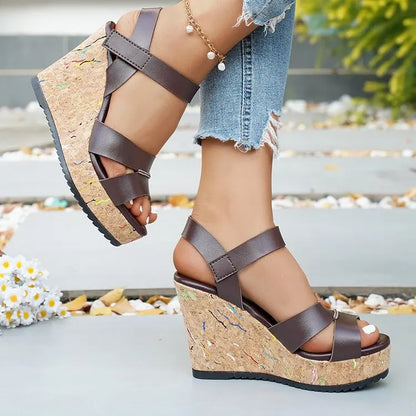Women's Silver Chunky Platform Sandals 2026 Summer Cork Thick Sole Wedge Sandals Woman Plus Size 43 Pu Leather Casual Shoes