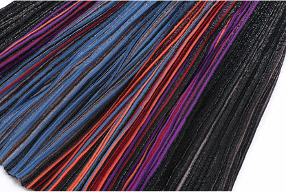 ZJYT Europe Fashion Summer Striped Pleated Knitted Dresses for Women Elegant V Neck Short Sleeve Midi Vintage Holiday Dress 2026