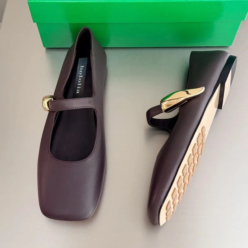 High Quality Women's Soft-soled Mary Jane Square Toe Versatile Commuter Metallic Decor One Strap Genuine Leather Flat Shoes