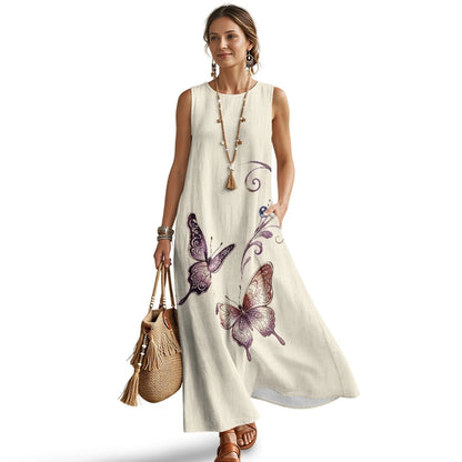 Imitation Linen Loose Vest Long Skirt Elegant Floral Summer Dresses for Women Line Sleeveless Sundresses with Pockets