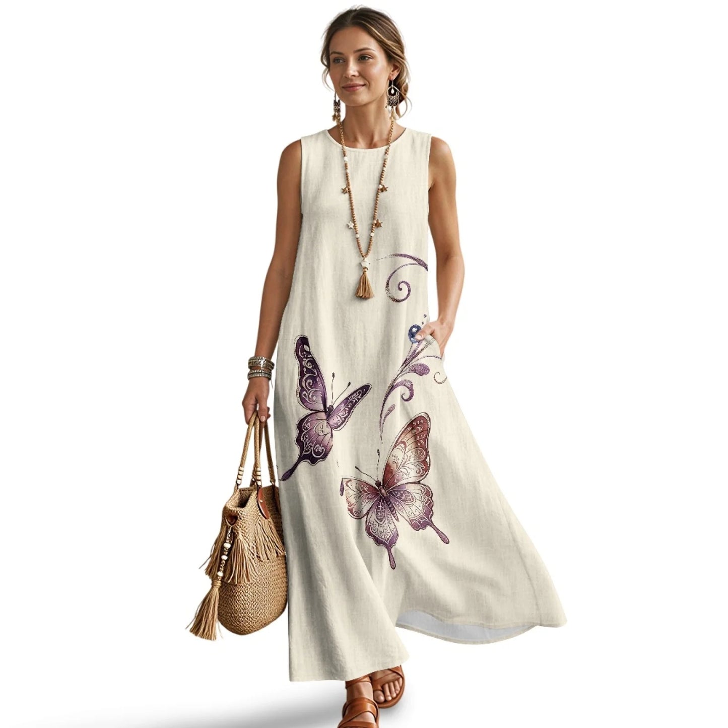 Imitation Linen Loose Vest Long Skirt Elegant Floral Summer Dresses for Women Line Sleeveless Sundresses with Pockets