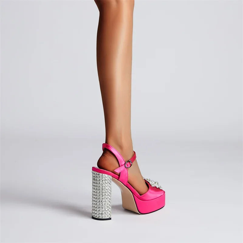 Square Headed Satin Banquet Sandals 2026 New Rhinestone Thick Heel High Heels 35-43 Leather Waterproof Platform Show Women Shoes