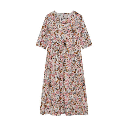 Women's Spring/Summer round Neck Pullover Dress with Pockets Middle Sleeve Loose Casual Print Midi Length