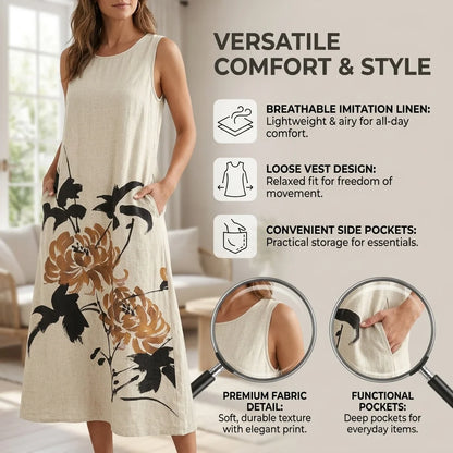 Imitation Linen Loose Vest Long Skirt Elegant Floral Summer Dresses for Women Line Sleeveless Sundresses with Pockets