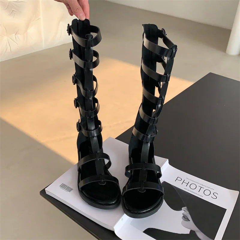 Knee High Summer Boots Gladiator Rome Sandals Mid-Calf Boots Booties Open Toe Strappy T-tied Strap Flat Heel Shoes Girl Women