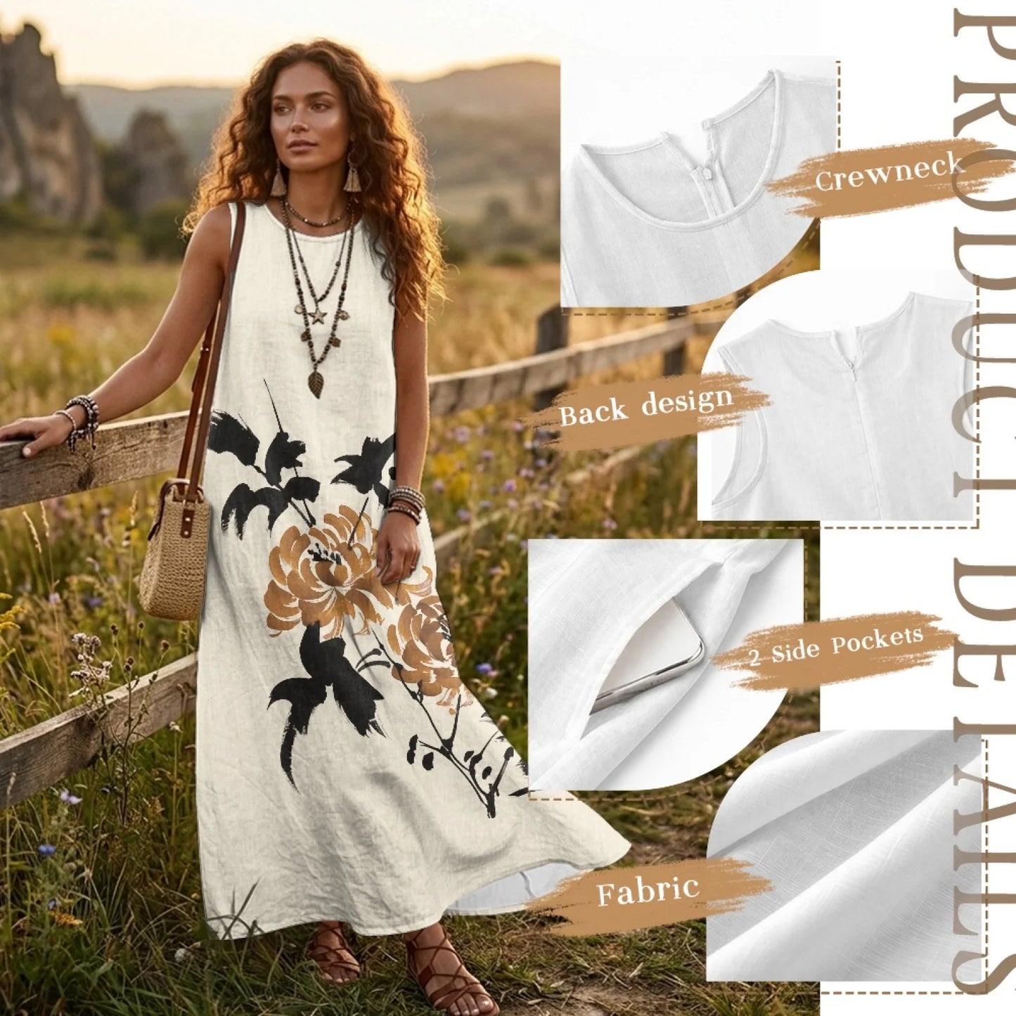 Imitation Linen Loose Vest Long Skirt Elegant Floral Summer Dresses for Women Line Sleeveless Sundresses with Pockets