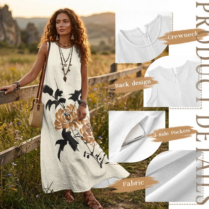 Imitation Linen Loose Vest Long Skirt Elegant Floral Summer Dresses for Women Line Sleeveless Sundresses with Pockets