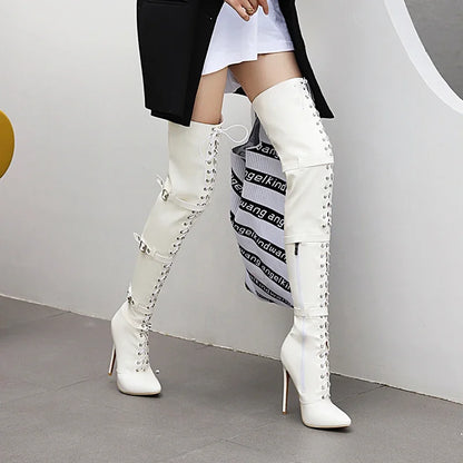 Women Sexy Cross Tied Thigh High Boots Pointed Toe Thin High Heels Over The Knee Boots Patent Leather Shoes Woman 33-46