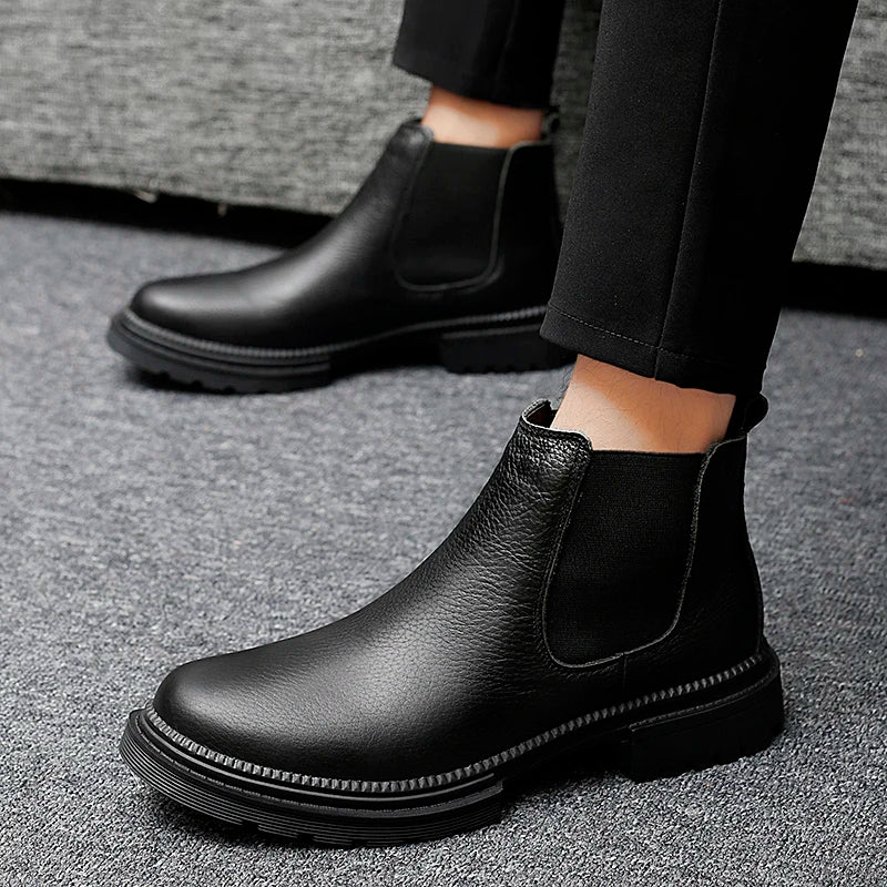 Winter Genuine Leather Ankle Chelsea Boots Men Boot Botines Hombre Black Brown