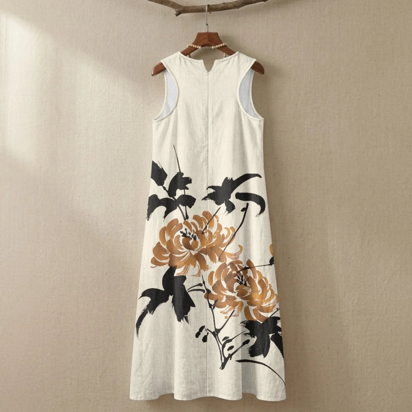 Imitation Linen Loose Vest Long Skirt Elegant Floral Summer Dresses for Women Line Sleeveless Sundresses with Pockets