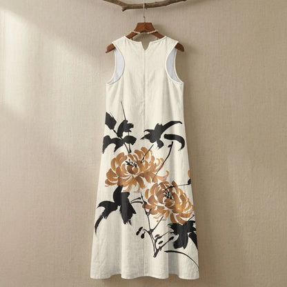 Imitation Linen Loose Vest Long Skirt Elegant Floral Summer Dresses for Women Line Sleeveless Sundresses with Pockets