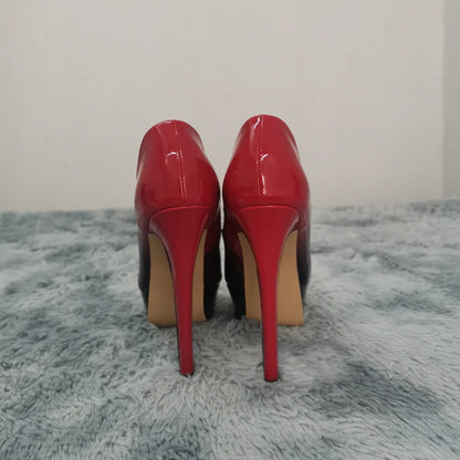 Women Stilettos Sexy Pumps 14cm Extremely Platform Peep Toe High Heels Patent Leather Party Nighclub Dress Red Wedding Shoes