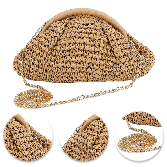 Women Straw Woven Bag Chain Strap Fashion Shoulder Bag Large Capacity Weaving Satchel Bag Solid Color for Party Vacation