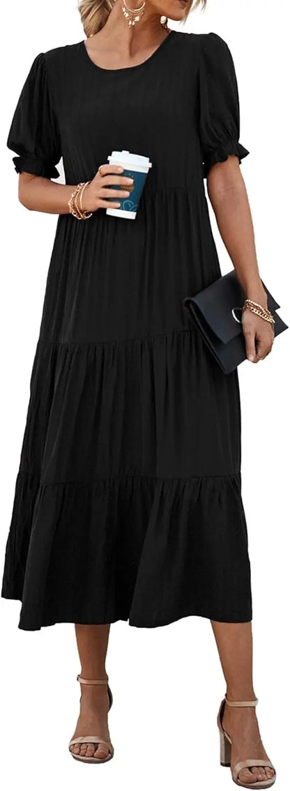 Summer Dresses for Women 2026 Casual Floral Boho Midi Sun DrPuff Short Sleeve Flowy Beach Vacation Sundress