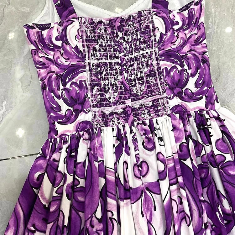 Seifrmann Baroque print Slim Ball Gown Dress Spaghetti Strap Backless Pleated Splicing Casual Holiday A-Line Cotton Dresses