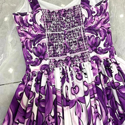 Seifrmann Baroque print Slim Ball Gown Dress Spaghetti Strap Backless Pleated Splicing Casual Holiday A-Line Cotton Dresses
