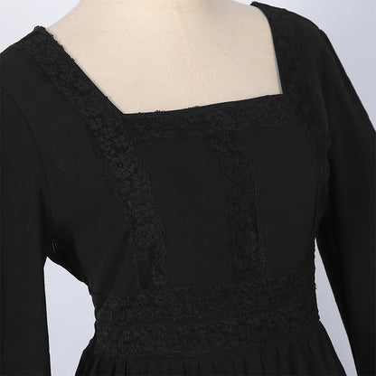 2025 New Beige Halloween/Christmas Square Neck Lace Trim Bell Sleeve Dress for Women, Halloween/Christmas COS Costumes Long Sirt