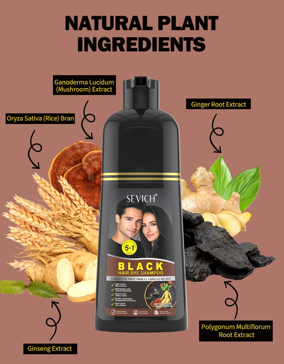 500ml Black Dyed Shampoo Instant Dye Covers Natural Gray Hair Shampoo Black Hair Dye Herbal Ginseng Ginger White Hair Dyed Black