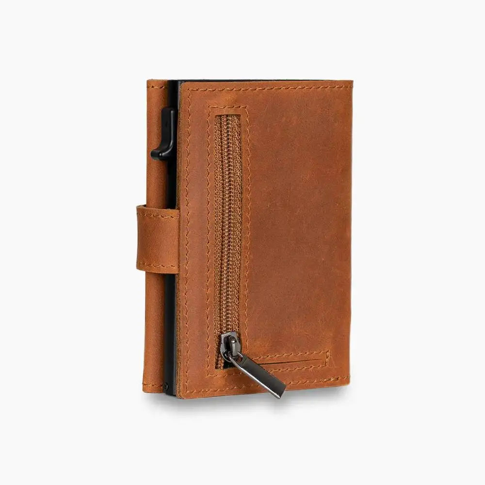 Casekey Men Credit Metal Card Holder RFID Blocking Minimalist Crazy Horse Genuine Leather Pop Up Trifold Wallet with Coin Purse