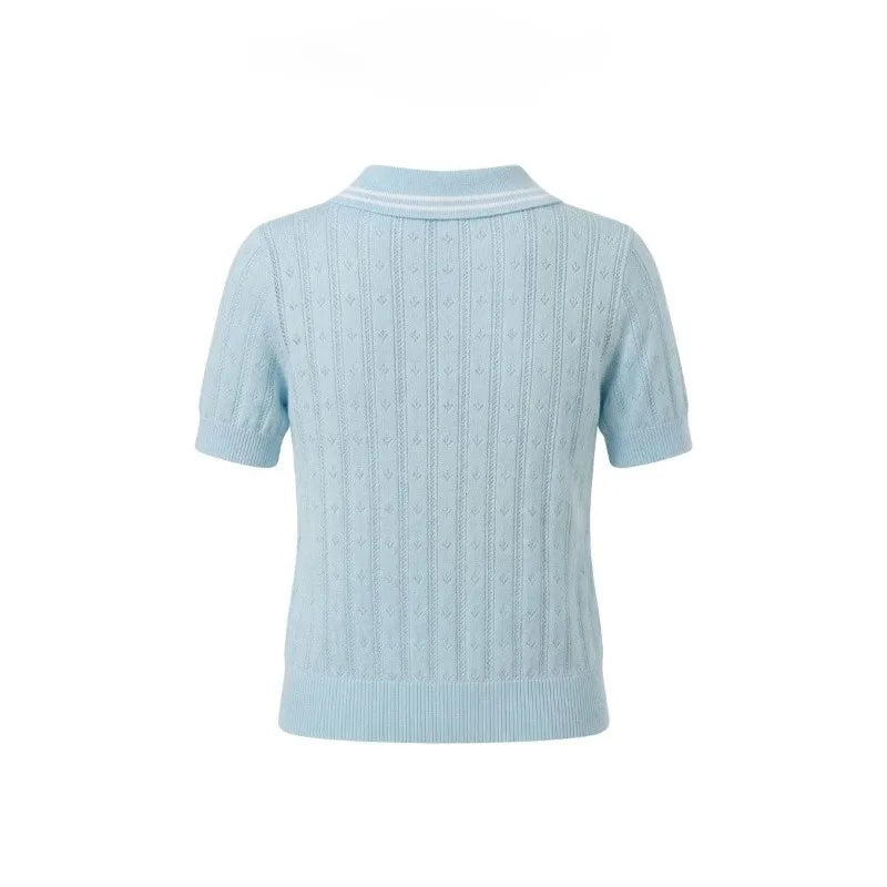 Summer College Style Knitted Collar Girls' T-shirt Simple, Breathable, Comfortable Short Sleeved Commuting Texture High-end Top
