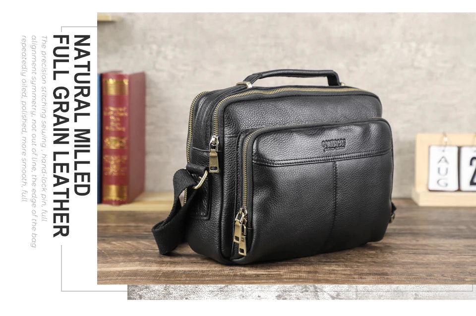 CONTACT'S Crazy Horse Leather Men Messenger Bag Vintage Man Crossbody Bag Handbags Large Capacity Male Shoulder Bags Bolsos