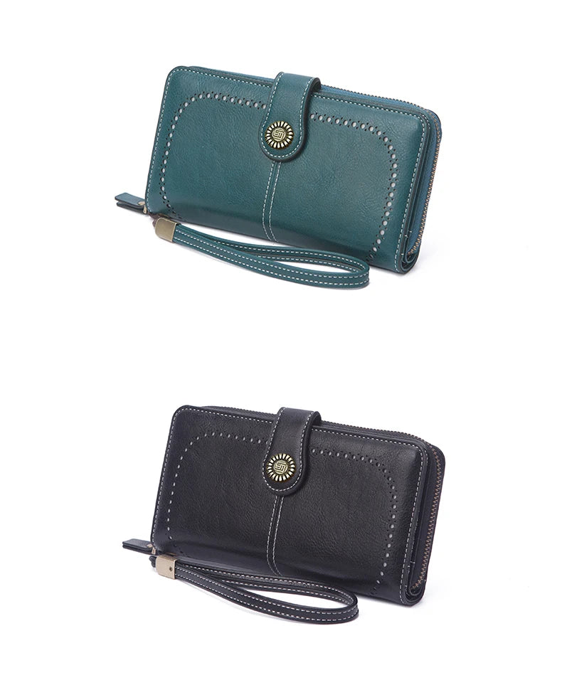 Vintage Large Capacity Women's Purse, Monochromatic, Multi-card, Long Wallet, Multi-function Zipper Strap, Wrist Strap, New