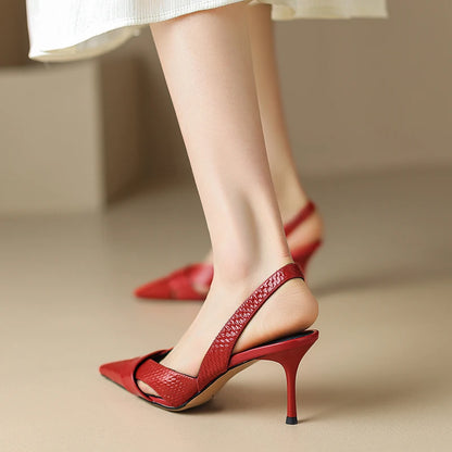 【JOCHEBED HU】Brand Genuine Leather Pointed Toe Slingback Kitten Heel Sandals Women Stiletto High Heels Summer Designer Party