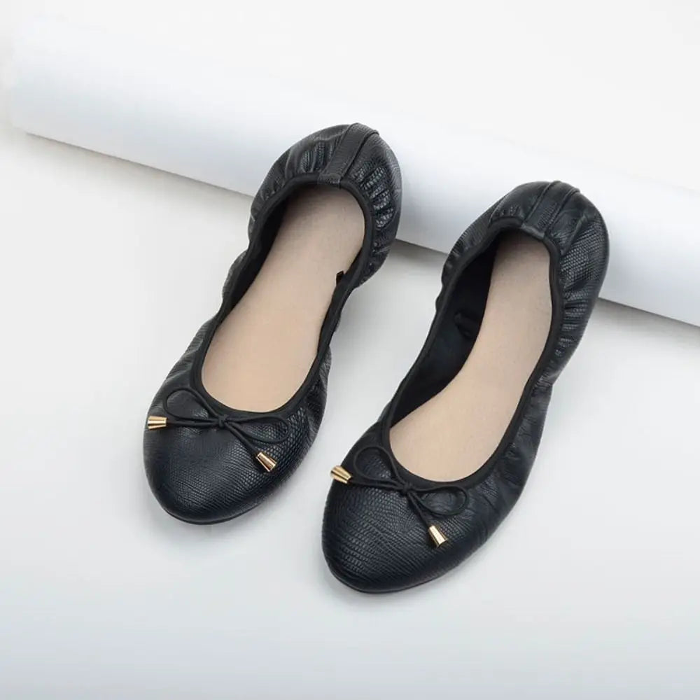 Solid Color Shallow Mouth PU Ballet Shoes Thread Bowknot Ballet Flats Women Foldable Lightweight Chicken Rolls Dance Shoes Yoga